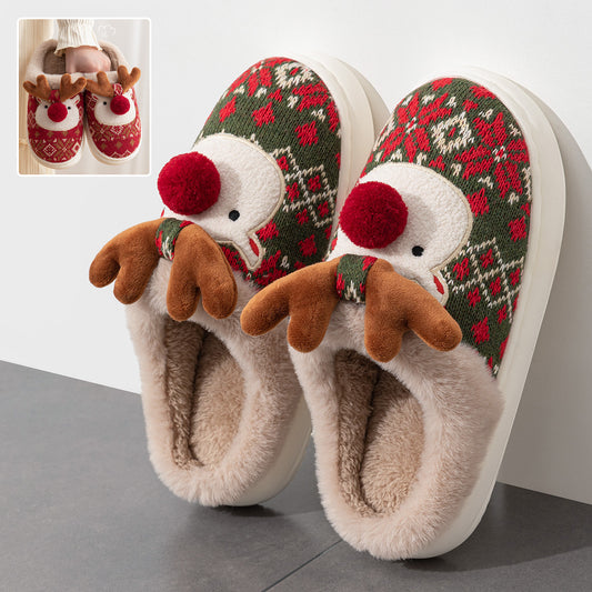 Cozy Christmas Elk Plush Slippers – Non-Slip Winter House Shoes